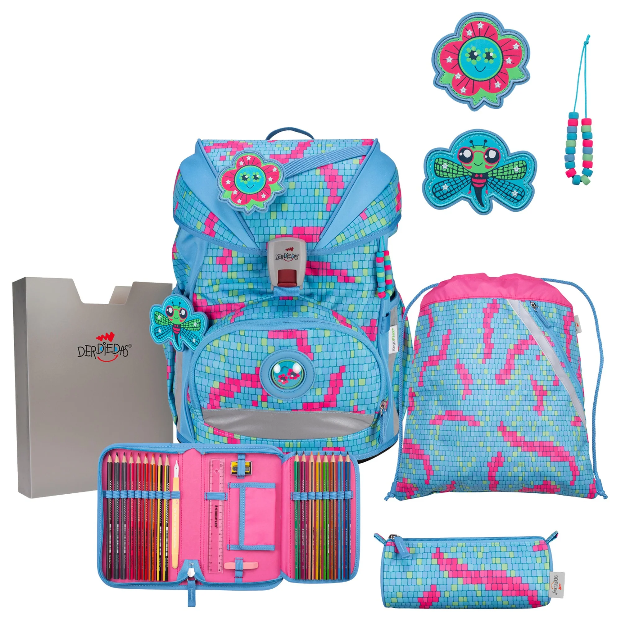DerDieDas ErgoFlex Superlight - Schulrucksack Set 5tlg. 650g (Happy Pixel)